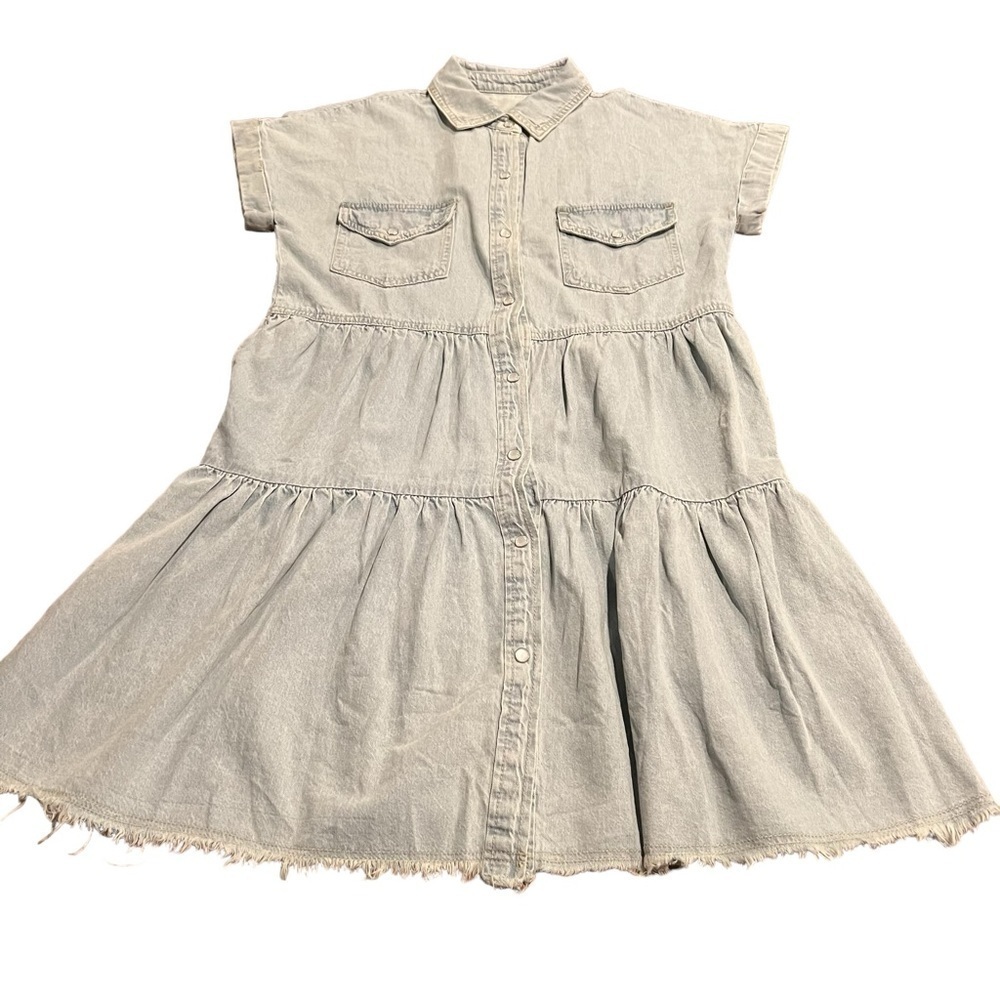 Denim Dress Pearl Snaps Tiered Short Sleeve Blue Light Wash Size Small